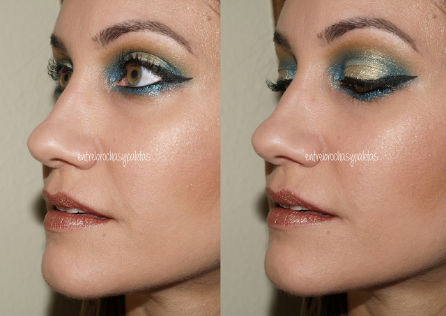 Maquillaje dorado y azul con labios metalizados – Entre brochas y paletas | Blog de belleza